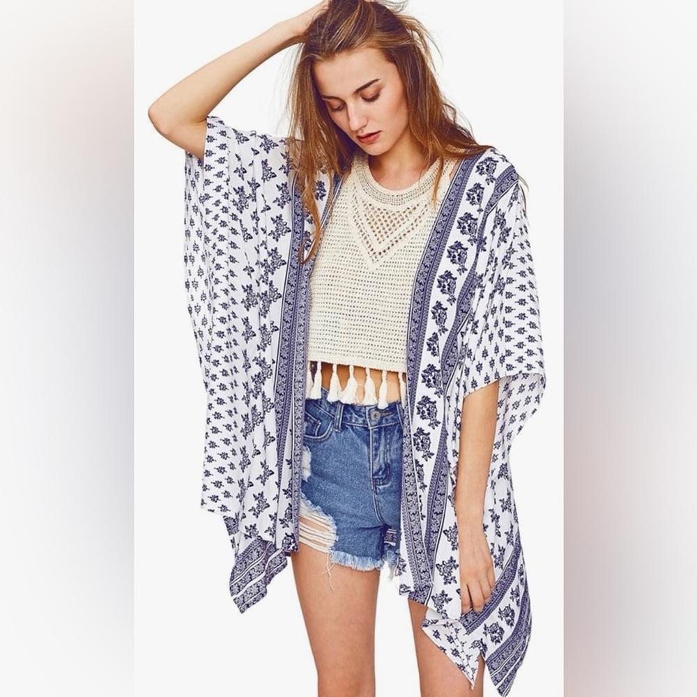 Women’s Vintage Kimono Floral Beach Cover Up Dark Blue Small